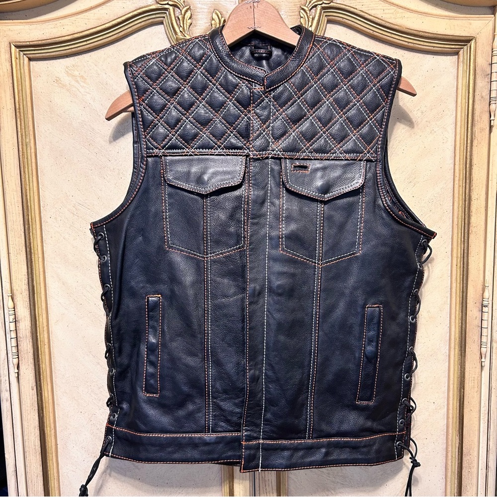 Zony Black Orange & White Stitched Leather Riding Motorcycle Vest NEW NWOT